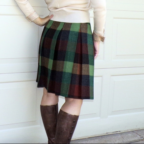 PLAID VINTAGE SKIRT green brown wool xs - Picture 5 of 10